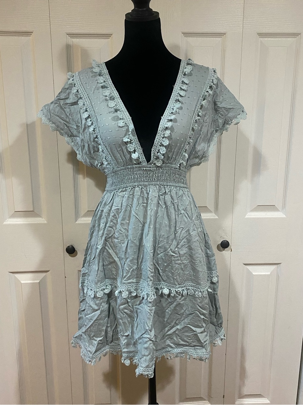 Lace Detail Plunge Short Sleeve Mini Dress